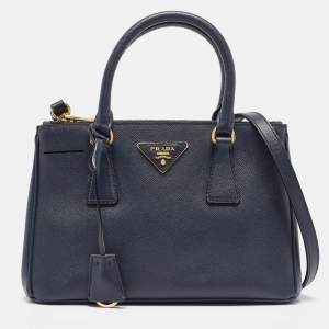 Pre Owned Prada Navy Blue Saffiano Lux Leather Small Double Zip Tote