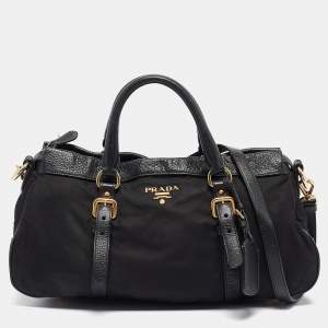 Prada Black Leather and Nylon Buckle Shoulder Bag