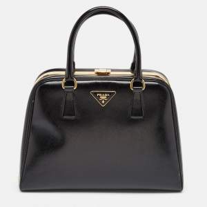 Prada Black Patent Leather Pyramid Frame Top Handle Bag