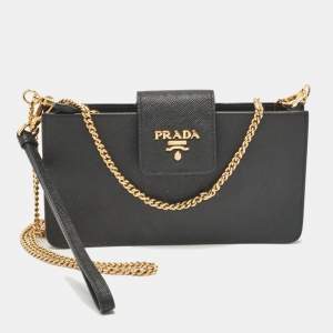 Pre Owned Prada Black Saffiano Leather Phone Crossbody Bag