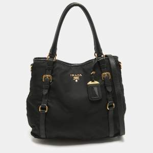 Prada Black Tessuto Nylon and Leather Buckle Tote