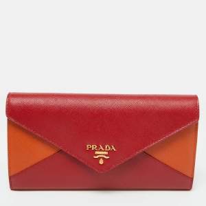 Prada Red/Orange Saffiano Leather Envelope Flap Continental Wallet