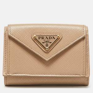 Prada Beige Saffiano Leather Trifold Case Wallet