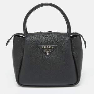 Prada Black Vitello Leather Daino Top Zip Satchel