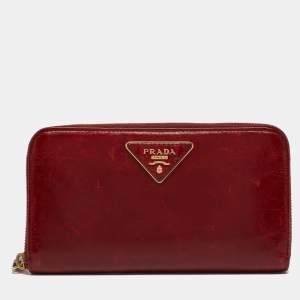 Prada Red Vitelo Shine Leather Logo Zip Continental Wallet