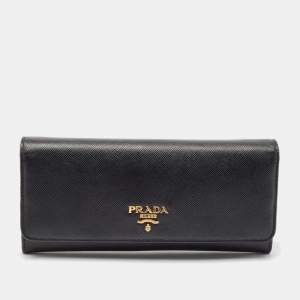 Prada Black Saffiano Metal Leather Flap Continental Wallet