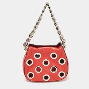 Prada Red Leather Grommet Shoulder Bag