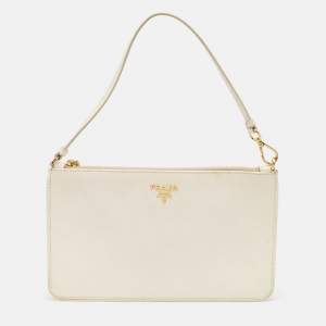Prada White Saffiano Lux Leather Slim Pochette Bag