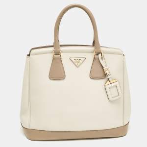 Prada White/Khaki Saffiano Leather Parabole Tote