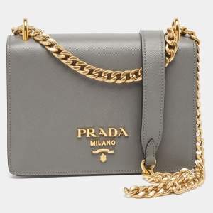 Prada Grey Saffiano Leather Logo Flap Crossbody Bag