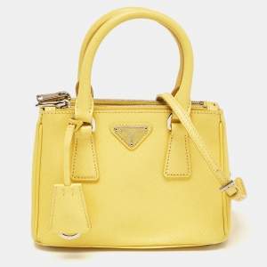 Pre Owned Prada Yellow Saffiano Lux Leather Mini Double Zip Tote