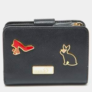 Prada Black Saffiano Leather Rabbit Charm Embellished Compact Wallet