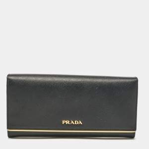 Prada Black Saffiano Leather Metal Bar Continental Wallet