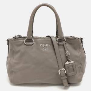 Prada Grey Leather Double Top Zip Satchel