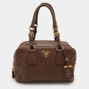 Prada Brown Pebbled Leather Bauletto Satchel