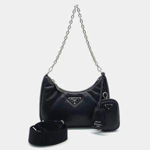 Prada Black Leather Soft Padded Nappa Chain Strap Hobo Bag