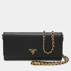 Prada Black Saffiano Lux Leather Oro Chain Wallet On chain