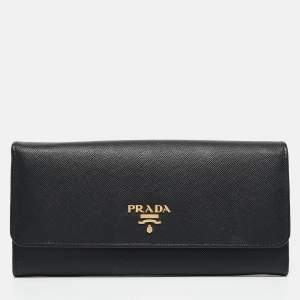 Prada Black Saffiano Metal Leather Flap Continental Wallet