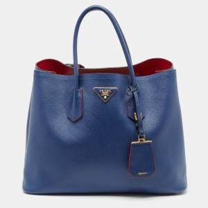 Prada Navy Blue Saffiano Cuir Leather Medium Double Handle Tote