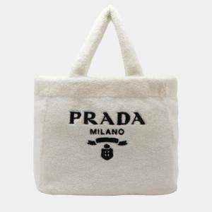 Prada Bianco White Nero Black Fabric Terry Large Tote Bag