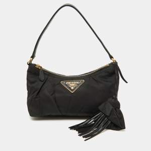 Prada Black Nylon and Leather Tassel Triangle Logo Shoulder Bag