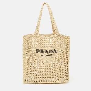 Prada Natural Straw Crochet Logo Vertical Tote