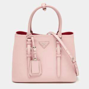 Prada Pink Saffiano Cuir Leather Small Double Handle Tote