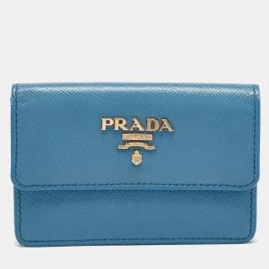 Prada Light Blue Saffiano Metal Leather Flap Card Holder