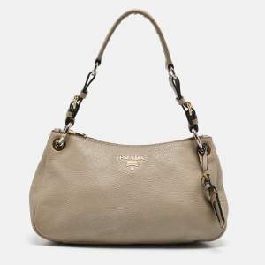 Prada Grey Vitello Daino Leather Logo Hobo