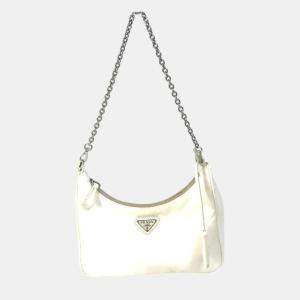 Prada Triangle Logo Triangle Logo Plate Chain With Crossbody Pouch Shoulder Bag White Beige