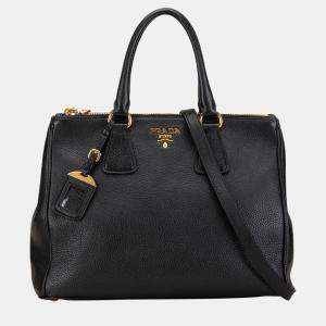 Prada Black Vitello Daino Double Zip Satchel