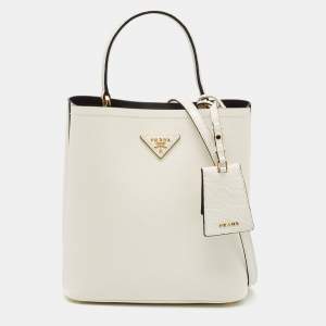 Prada White Crocodile and Saffiano Cuir Leather Medium Panier Top Handle Bag