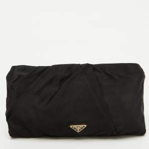 Prada Black Satin Raso Rose Zip Pouch Clutch