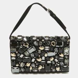 Prada Black Satin Crystals Embellished Flap Clutch Bag