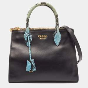 Pre Owned Prada Black/Blue Leather and Python Double Zip Tote