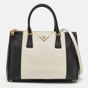 Prada Black/White Saffiano Lux Leather Medium Double Zip Tote