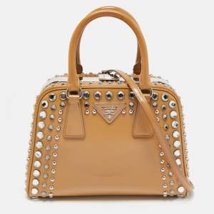 Prada Tan Saffiano Patent Leather Small Studded Pyramid Frame Bag