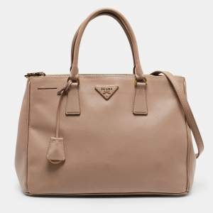 Pre Owned Prada Beige Saffiano Leather Medium Double Zip Tote
