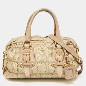 Prada Beige Gaufre Leather and Nylon Zip Satchel