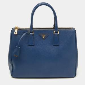 Pre Owned Prada Blue Saffiano Lux Leather Large Double Zip Tote