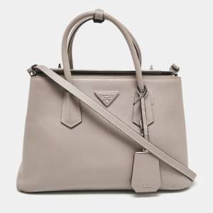 Prada Grey Saffiano Cuir Leather Turnlock Twin Tote