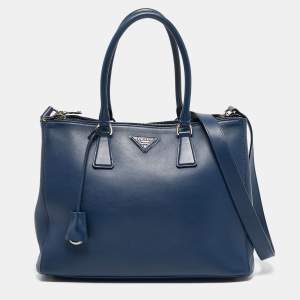 Pre Owned Prada Navy Blue Leather Medium Double Zip Tote