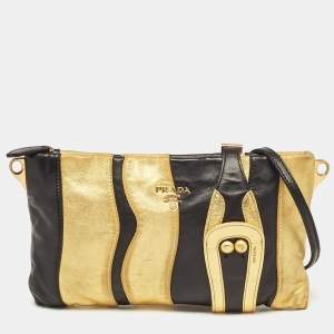 Prada Gold/Black Striped Leather Flat Zip Crossbody Bag