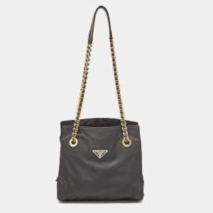 Prada Black Nylon Logo Chain Tote