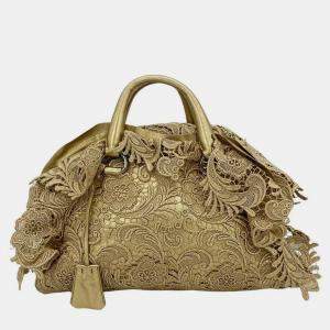 Prada Gold Leather And Lace Pizzo Bag