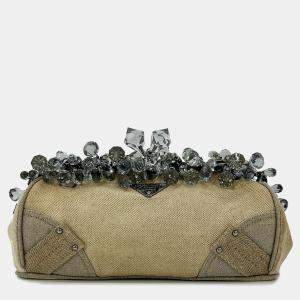 Prada Mistolino Natural Canvas Crystal Beaded Top Pochette