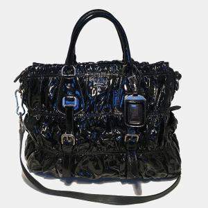 Prada Black Patent Leather Gaufre Ruched Shoulder Bag