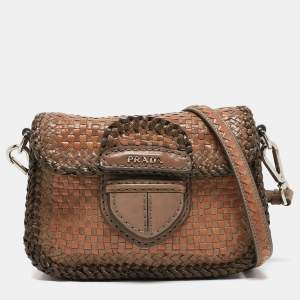 Prada Beige/Brown Woven Madras Leather Flap Crossbody Bag