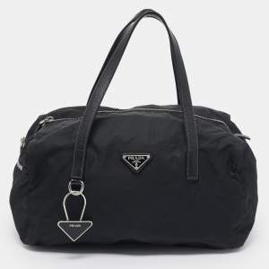 Prada Black Saffiano Leather and Nylon Triangle Logo Duffel Bag