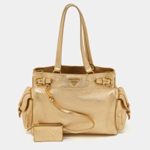 Prada Gold Leather Vitello Daino Side Pocket Shoulder Bag